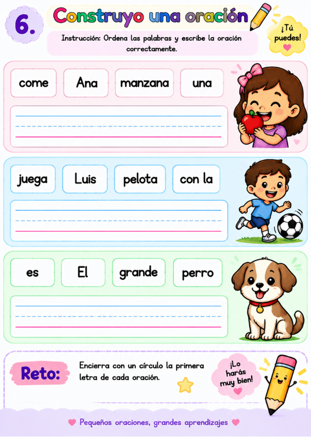 Página de actividad: construyo una oración con escritura guiada