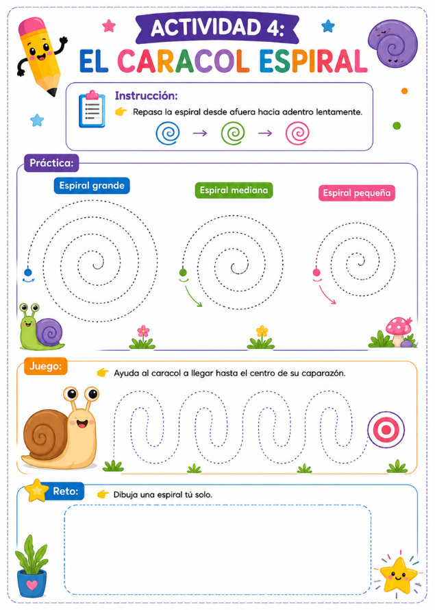 Página de actividad: el caracol espiral, sigue la línea sin soltar el lápiz