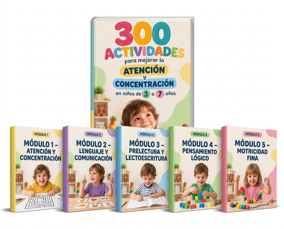 Kit 300 actividades con sus 5 módulos: Atención y Concentración, Lenguaje y Comunicación, Prelectura y Lectoescritura, Pensamiento Lógico y Motricidad Fina
